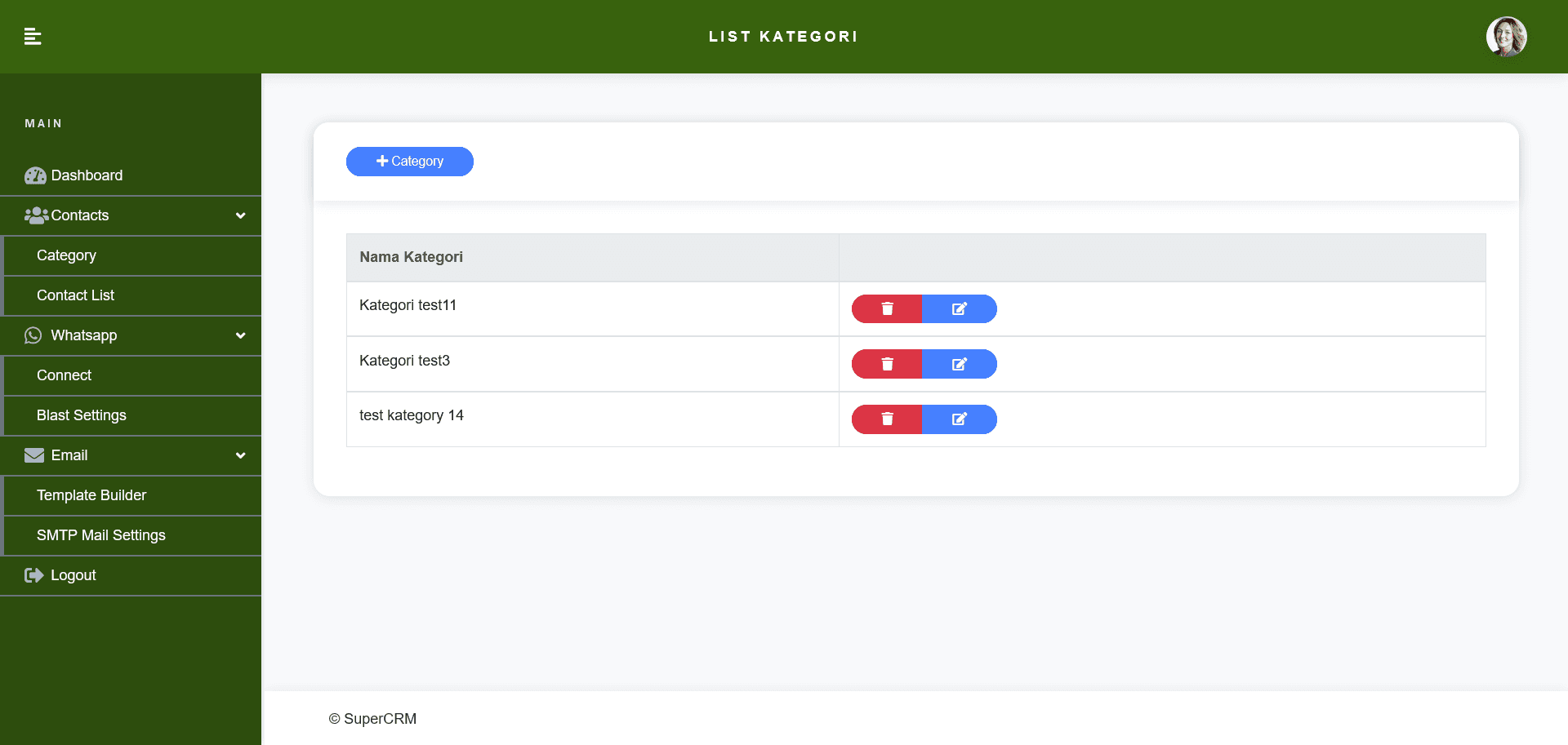 Super CRM: kategori kontak